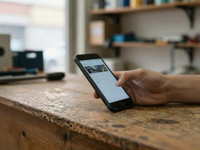 A hand holding a phone over the wooden counter of a small shop.